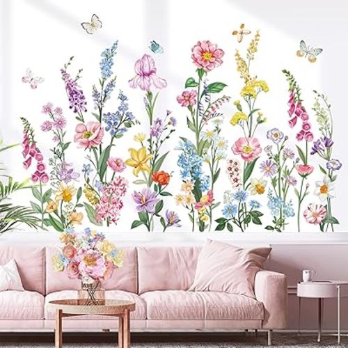 wondever Garden Flower Wall Stickers Wildflower Iris Daisy Floral Butterflies Peel and Stick Wall Art Decals for Bedroom Living Room Sofa