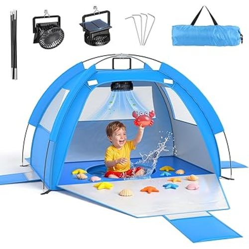 Baby Beach Tent Solar Cooling Fan, Anti-UV Toddler Beach Tent Sun Shelter Portable Travel Fan Beach Shade Tent, Baby Play Tent Built-in Ceiling Fan Sun Shelters Toddler Beach Essentials