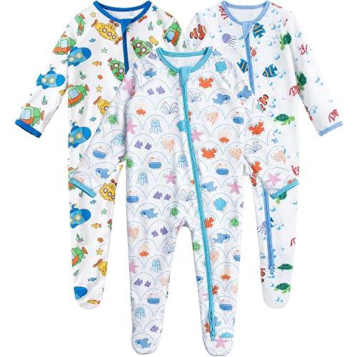 GUISBY Baby Footed Rayon of Bamboo Pajamas 2-Way Zipper | Soft Rayon of Bamboo Sleepwear, 2-Way Zipper, Mitten Cuffs, Breathable Comfort, Baby Gift