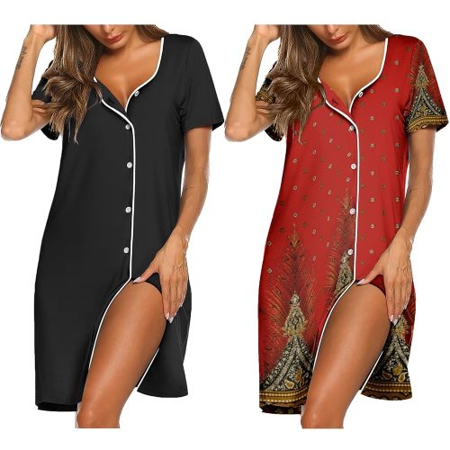 Ekouaer Nightgowns for Women 2 Pack Button Down Sleepshirt Short Sleeve Nightshirt Soft Sleepwear V Neck Pajama Dress