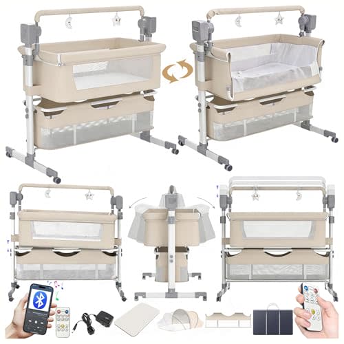 Electric Bluetooth Smart Baby Bedside Crib, Infant Bedside Cot, Convertible Foldable Baby Bassinet Crib with Remote Control, Music, 5 Swaying Gears (601 Beige)