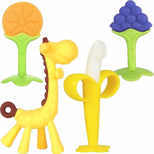 Chuya Teething Toys (4 Pack) Teething Toy for Baby, Teach Teeth Brushing ,BPA-Free,Chew Toy for Infants Toddlers Silicone Baby Teethers Giraffe Fruit Teething Stick for Babies 3 Months+