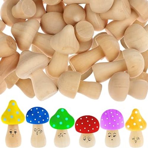 48-Piece Wooden Mushroom Set, 6 Different Sizes and Cute Shapes Unfinished Wooden Mushrooms Perfect for Art Project Crafting and Fairy Themed Spring Summer Decor, Cute, Smooth, and Easy to Paint
