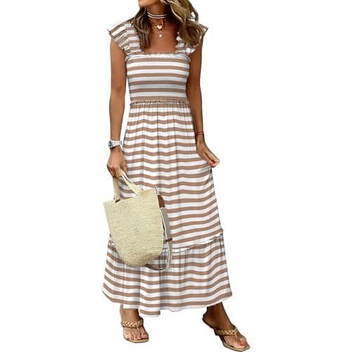 ANRABESS Womens Summer Sleeveless Maxi Dress Square Neck Smocked Boho Casual Ruffle Strap Flowy A-Line Long Beach Sundress