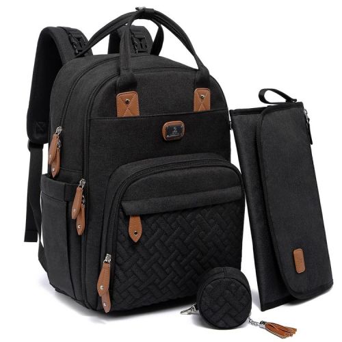 Dikaslon Diaper Bag Backpack with Portable Changing Pad, Pacifier Case and Stroller Straps, Black