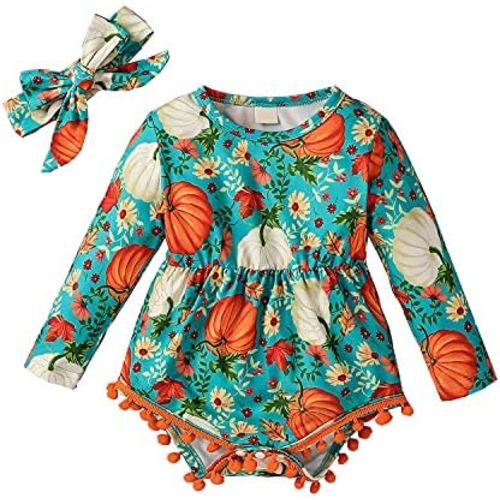 Yccutest Newborn Baby Girl Halloween Outfit Onesie Long Sleeve Cute Pumpkin Romper + Headband Toddler Infant Bodysuit Clothes