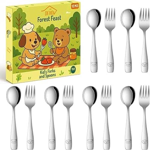 DEHOV Toddler Eating Utensils Set,Set Of 12 Food Grade Stainless Steel Silverware Sets For Kids,Dishwasher Safe Children Small Metal Spoons And Forks Flatware Sets
