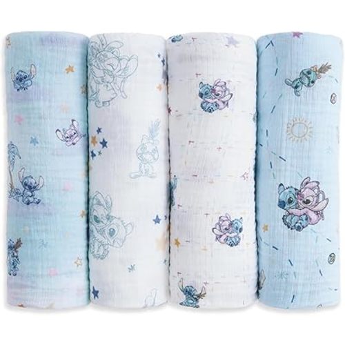 aden + anais Essentials Muslin Swaddle Blankets, Newborn Receiving Blanket for Swaddling, 100% Cotton Baby Swaddle Wrap, 4 Pack, Lilo & Stitch