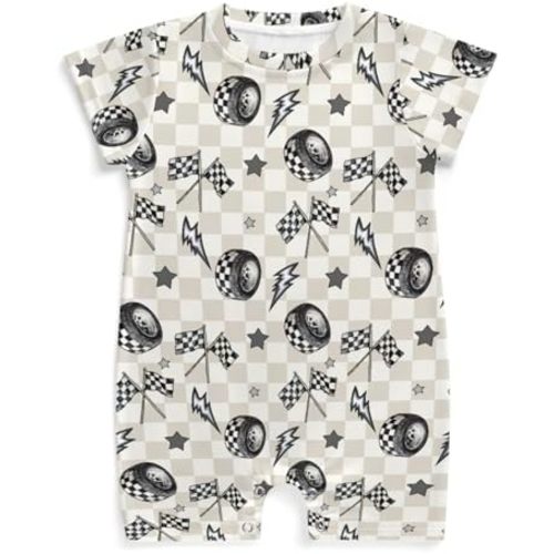 Cute Race Car Flag Black and White Plaid Baby Romper Tire Stars Checkered Vehicles Infant Outfit