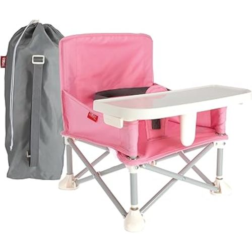 Nuby Easy Go Pop-Up Booster Seat with Removable Tray - 6+ Months - Portable Booster Seat for Floor for Indoor/Outdoor Use - 3-Point Safety Adjustable Straps - Includes Travel Bag - Pink