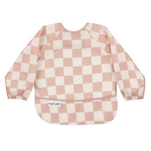 Tiny Twinkle Mess-Proof/Waterproof Long-Sleeve Baby Bib, Machine Washable Smock for Eating (Checkers Brown, Small 6-24 Months)