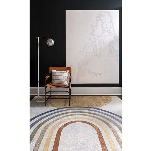 Mark&Day Washable Rugs, 5x7 Eliot Modern Beige Area Rug, Beige Orange Blue Carpet for Living Room, Bedroom or Kitchen (5'3" x 7', Machine Washable)