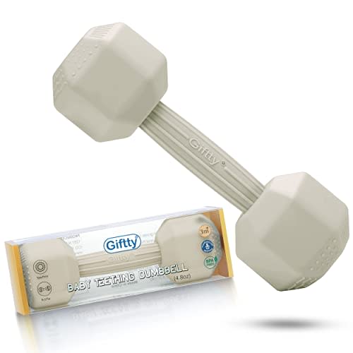 Giftty Baby Dumbbell Toy - Silicone Infant Rattle Teething Toy Teether Toddler Sensory Toy Durable Safe Exercises Workout Weight - Great Gift for Girls and Boys (1pcs 4.8oz - Cream)