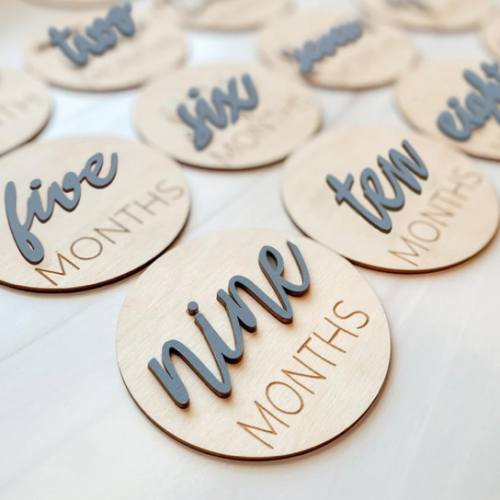 Baby Monthly Milestone Markers Disc, Wooden 3D Milestone Cards for Photos, Baby Announcement Sign,Slate Blue, 1-12 Months, 4 Inches in Size.