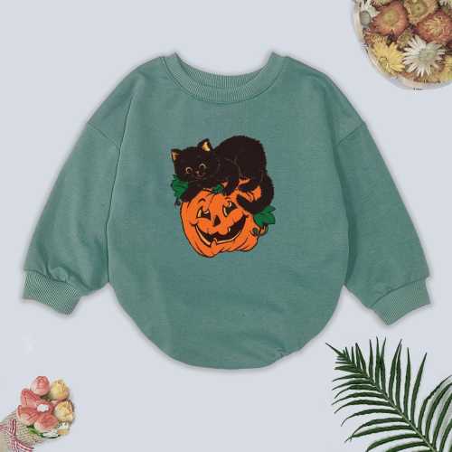 Black Cat Pumpkin Halloween Romper: Vintage Style Baby Clothes