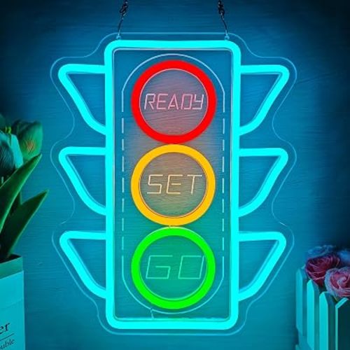 Traffic Light Neon Sign Dimmable Stop Light Neon Wall Decor Race Car Party Decorations Red Yellow Green Stoplight Led Racing Wall Art for Garage 12.5 * 9.7 Inch