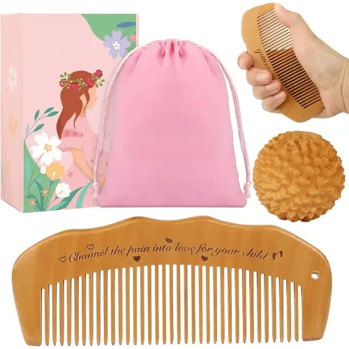 Kasiden Wooden Birthing Comb Massage Ball Set for Labor Pain Relief, 2 Pcs Labor Comb with Bag, Delivery Essentials Items for Women During Childbirth, Mom Gift
