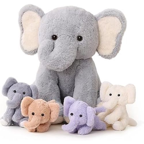 Vposyako 5 Pieces Elephant Stuffed Animals for Girls, 1 Mommy Elephant with 4 Babies Soft Plush Set Toys Gifts for Kids Children 3 4 5 6 7 8 9 Years, Christmas, Birthday, Children's Day