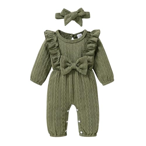 Happy Town Baby Girl Romper Infant Fall Winter Clothes Ruffle Sweater Long Sleeve Bodysuit Jumpsuit and Headband