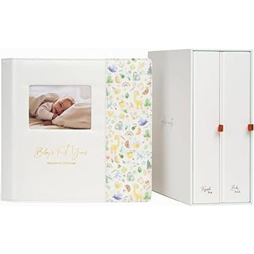 Keepsake Baby Memory Book with Keepsake Box Girl Boy - Timeless Leather-Bound Baby Milestone Book | Baby Book Keepsake and Baby Photo Memory Box to Record Baby Shower to Age 5 - Beautiful Gift