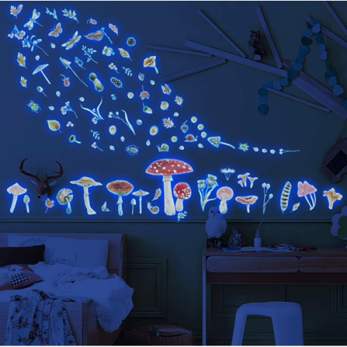Glow in The Dark Mushroom Wall Decals - Watercolor Woodland Stickers for Ceiling, Aesthetic Colorful Fall Leaf Baby Kids Bedroom Nursery Decorations (Blue)