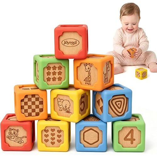 Joyreal Silicone Wooden Baby Blocks, 10PCS Montessori Stacking Blocks for Babies 6-18 Months, 1.7" Beech Wood Sensory Learning Toy with Animals, Numbers, Textures, Soft Chewable, Laser Engraved