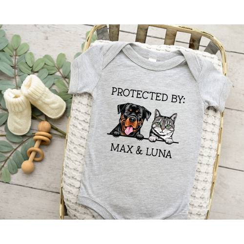 Baby Shower Gift, Protected By Pets Onesie®, Custom Dog Onesie®, Personalized Dog Name Onesie®, Baby Gift, Custom Pet Baby Onesie®