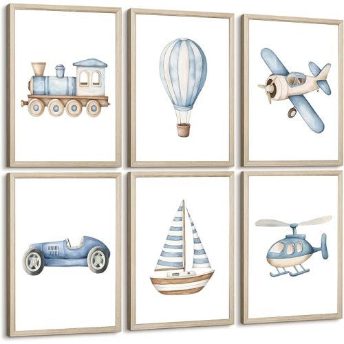 Baby Boy Nursery Wall Art Transportation Blue Car Canvas Prints Vintage Toddler Vehicle Pictures Decor Hot Air Balloon Airplane Nursery Poster for Kids Boys Room Bedroom 8x10x6 Inch Framed