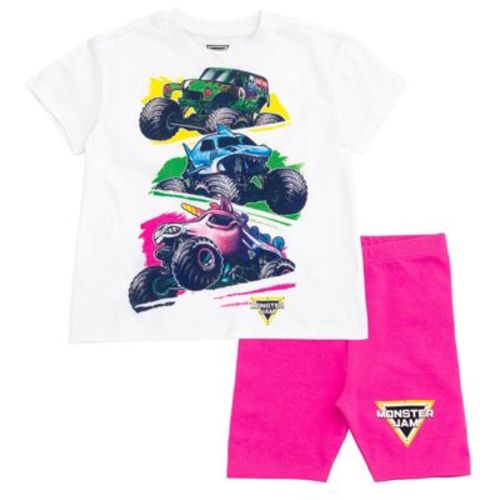 Monster Jam Grave Digger Megalodon Sparkle Smash Little Girls Drop Shoulder T-Shirt and Bike Shorts Outfit Set White / Pink 5