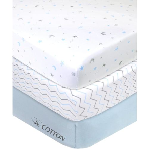American Baby Company 3 Pack 100% Natural Cotton Fitted Mini Crib Sheets 38" x 24" - Soft & Breathable Small Nesting Portable Sheets, Fits Pack N Play Mattresses, Blue Star/Zigzag, for Boys & Girls