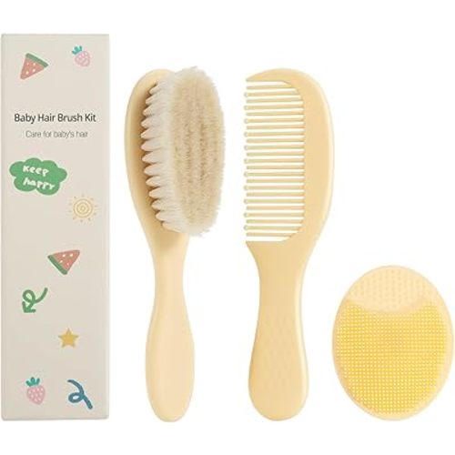 SIMPOR 3PCS Baby Hair Brush and Comb Set for Newborns, Yellow Natural Soft Goat Bristles and Silicone Cradle Cap Brush, Baby Hair Comb Care Kit with Toddlers