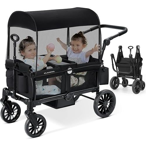ELEMARA Wagon Stroller for 2 Kids, Premium All-Terrain Stroller with Canopy, Adjustable Push/Pull Handle Bar, Comfortable drop-down footwell and Upholstered Seats, Black