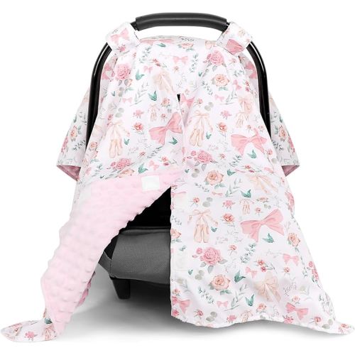 Baby Car Seat Cover, Soft Minky Warm Winter Car Seat Canopy for Infants & Toddlers, Opening with Adjustable Strap, Breathable Nursing Cover & Stroller Blanket, Pink Flowers (Fits Most Car Seats)