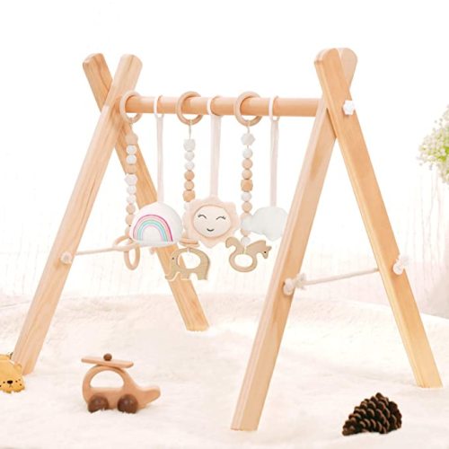 Wooden Baby Gym with 6 Wooden Baby Toys Foldable Baby Play Gym Frame Activity Gym Hanging Bar Newborn Gift Baby Girl and Boy Gym (Natural Color) - natural color