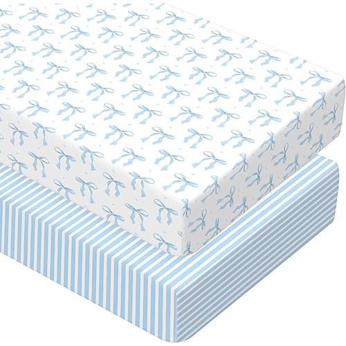 Peryiter 2 Pack Bow Crib Sheets for Girls Coquette Bed Sheet Set Fitted 52'' x 28" for Standard Crib Mattress Stretchable Soft Toddler Aesthetic Nursery Decor (Blue)