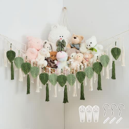 Pretty Jolly Stuffed Animal Storage with Hand Woven Leaf Tassels Hammock Corner Hanging Net Boho Macrame Plush Storage for Toys Kid Room Wall Nursery Decor for Girls Gift (Sage Green&Avocado Green)