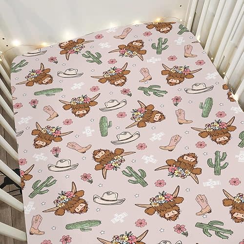Highland Cows Cactus Baby Crib Sheets for Boy Girl 52x28Inch Pink Western Cowgirl Boots Hats Yak Floral Soft Snug Fitted Crib Mattress Cover Wild West Baby Sheet for Standard Crib & Toddler Mattress