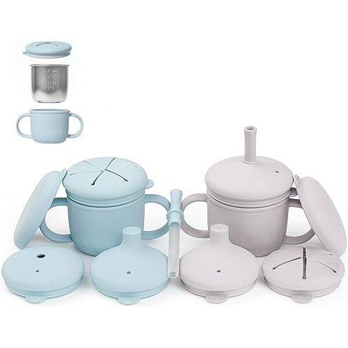 2 Pack 10oz Stainless Steel Toddler Snack Cups, Spill Proof Baby Sippy Cups, Training Cup Straw Cup for Infants Toddlers and Kid, Multifunctional Baby Snack Cups-3 Functions · 3 Covers Design