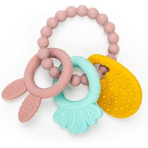 Easter Silicone Teething Toys, 3 Months+, Infant Baby Easter Basket Stuffers for Babies, Baby's Easter Egg Rabbit Carrot Teether Toy, Easter Gift for Girl or Boy (Pink)