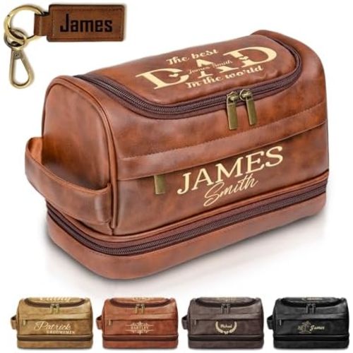 Father Day Gift for Dad, Personalized Toiletry Bag for Men Gifts, Leather Engraved Custom Travel Shaving Bag, Boyfriend, Husband, Brother, Birthday, Anniversay, Graduation, Groomsmen, Retirement Gift