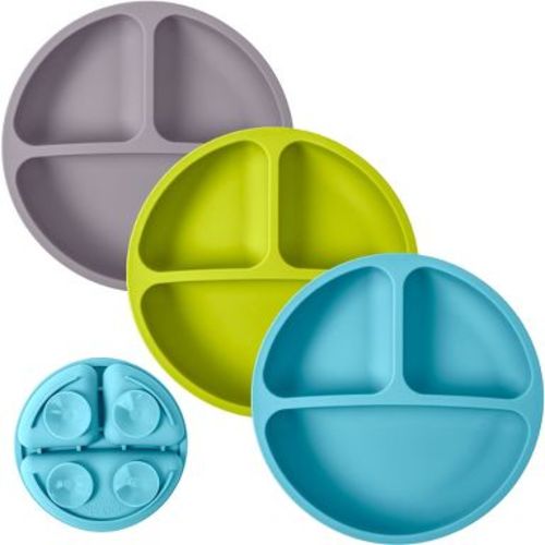 WeeSprout Suction Plates for Babies & Toddlers 100% Silicone Divided Design - No Lids, 3 Pack (Bright Green, Blue & Grey)