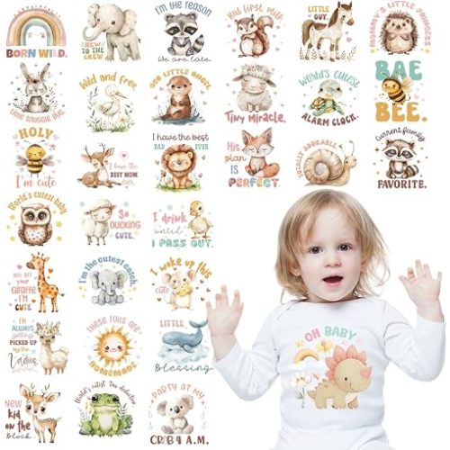 30 Sheets Baby Shower Dtf Transfers Ready to Press, Animal Iron on Transfers for T Shirts Stickers, Cute Heat Transfer Vinyl Cartoon Animals Iron on Decals for Clothing DIY Designs Washable