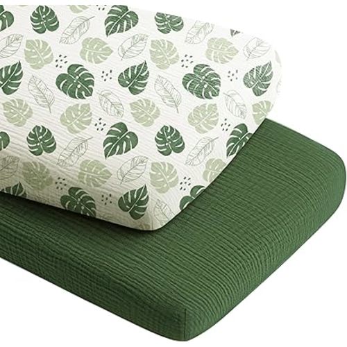 Konssy 2 Pack Muslin Bassinet Sheets for Boys, Girls, 100% Cotton Soft Breathable Fitted Bassinet Mattress Sheet, 33 x 21 inches (Sage Green,Leaf)