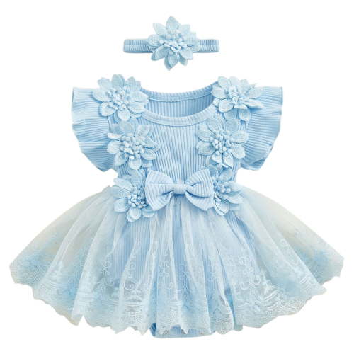 Edvintorg Baby Girl Newborn Clothes Summer 0-18 Months Infant Cotton Outfits Sleeveless Skirt Baby Girl Flower Lace Bow Tie Dress Romper Hair Band Set
