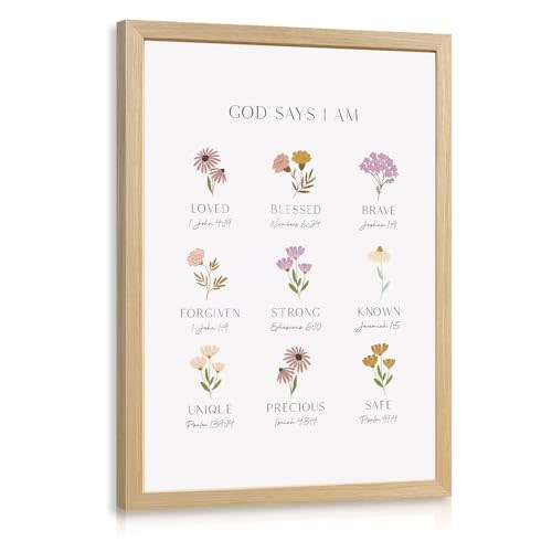 RLKHG Wood Framed God Says I Am Wall Art, Christian Scripture Nursery Wall Decor, Inspirational Bible Verse Poster Print, Floral Religious Faith Artwork for Baby Room Girls Bedroom 12x16 Inch