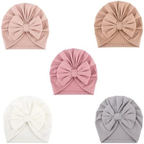 DRESHOW BQUBO 5 Pieces Newborn Baby Turban Hats Bow Baby Infant Beanie Breathable Toddler Cap for Baby Girls