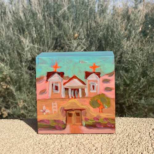 Chimayo Adobe Church Painting, New Mexico Art onn4x4x1.5” Wood Panel