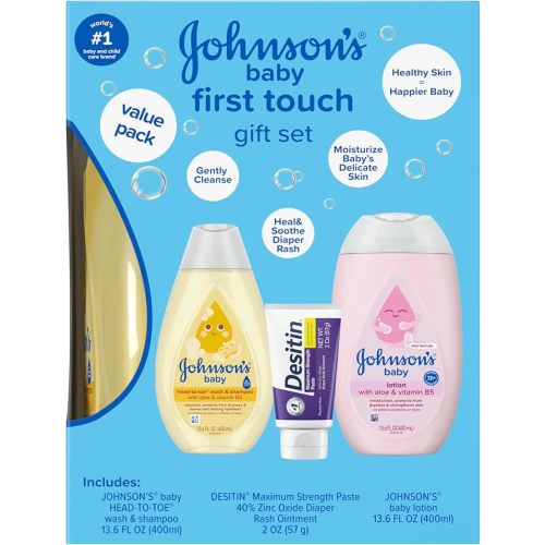 Johnson's First Touch Baby Essentials Gift Set with Body Wash & Shampoo, Body Lotion, & Zinc Oxide Diaper Rash Cream for Baby's Delicate Skin, Hypoallergenic, No Parabens or Dyes, 3 Items