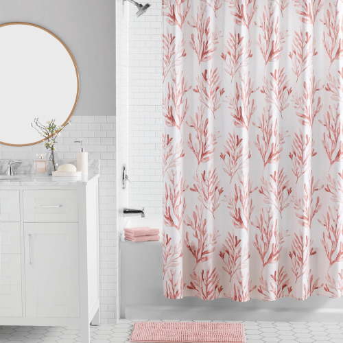 Mainstays 16-Piece Pink Coastal Botanical Shower Curtain Bathroom Set – Fabric Curtain with Rug, Hooks, Soap Dispenser & Tray