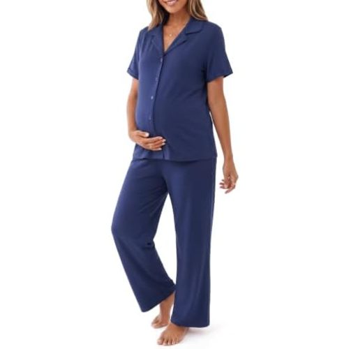 OUGES Women's 2 Piece Button Down Top Wide Leg Pants Maternity Lounge Sets